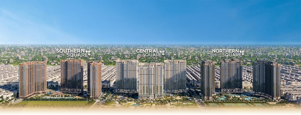 Phối cảnh tổng thể dự án Masteri Sky Quarter với ba phân khu chính: Southern Square, Central Square, và Northern Square. Hình ảnh thể hiện các tòa tháp cao tầng sang trọng, được bao quanh bởi khuôn viên xanh và tiện ích hiện đại, tạo nên một khu đô thị đồng bộ và đẳng cấp
