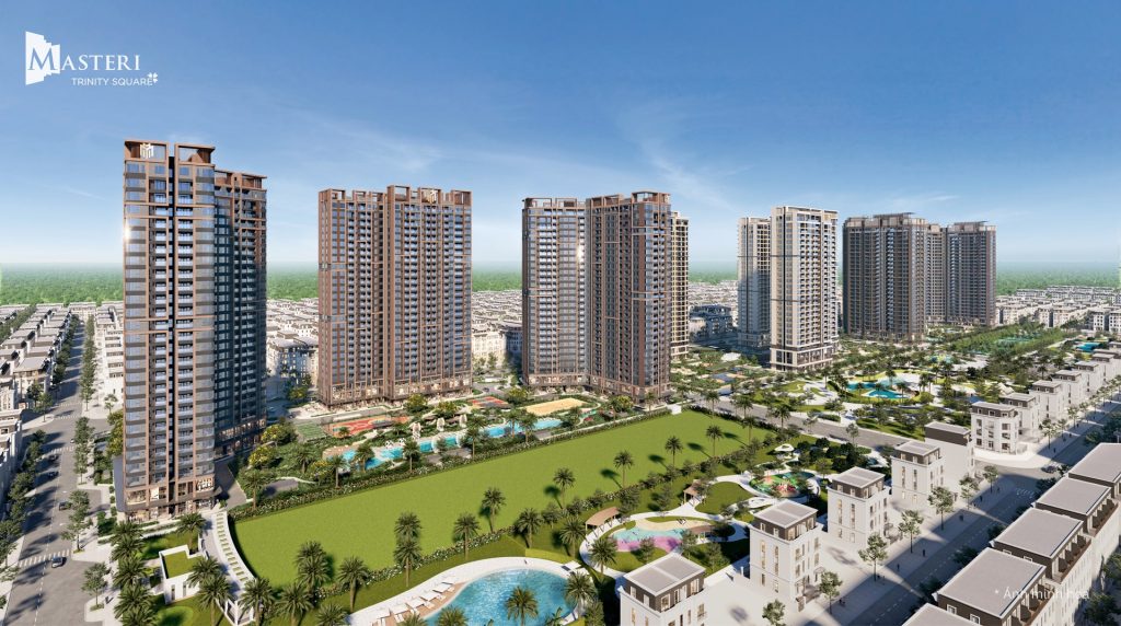 Phối cảnh tổng thể dự án Masteri Sky Quarter tại Ocean Park 2, thể hiện các tòa tháp căn hộ cao tầng với thiết kế hiện đại, bao quanh bởi công viên cây xanh, hồ bơi, khu vui chơi và hệ thống tiện ích đa dạng. Khu thấp tầng xung quanh tạo nên một quần thể đô thị đồng bộ, sang trọng và đẳng cấp