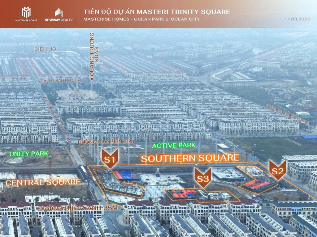 Toàn cảnh khu vực Southern Square trong dự án Masteri Sky Quarter tại Ocean Park 2. Các tòa nhà thuộc phân khu S1, S2, S3 đang trong giai đoạn thi công với cần cẩu và công trình xây dựng. Xung quanh là hệ thống đường giao thông và khu tiện ích Active Park, giúp hình thành một khu đô thị sầm uất