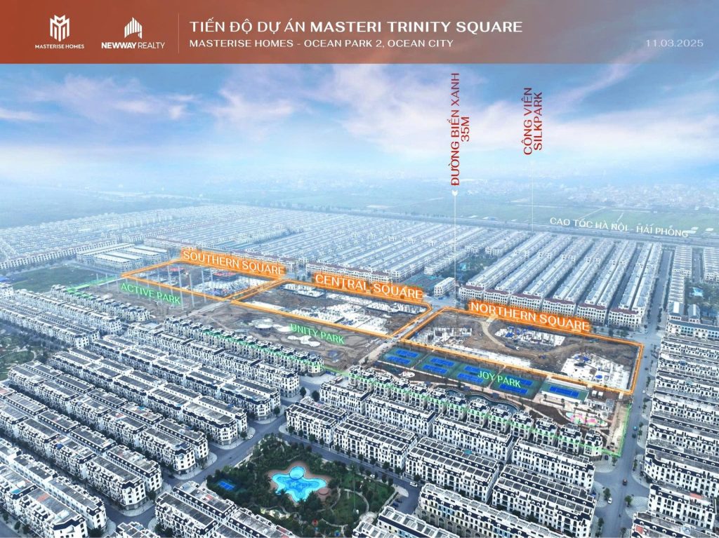 Nhìn từ trên cao, dự án Masteri Sky Quarter đang ngày càng hoàn thiện với các phân khu chính Southern Square, Central Square, Northern Square và hệ thống công viên như Joy Park, Unity Park, Active Park