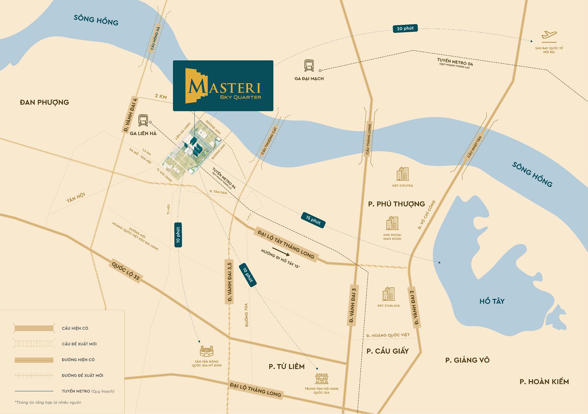 Bản đồ vị trí dự án Masteri Sky Quarter tại Hà Nội, kết nối nhanh đến Hồ Tây, sân bay Nội Bài và các quận trung tâm
